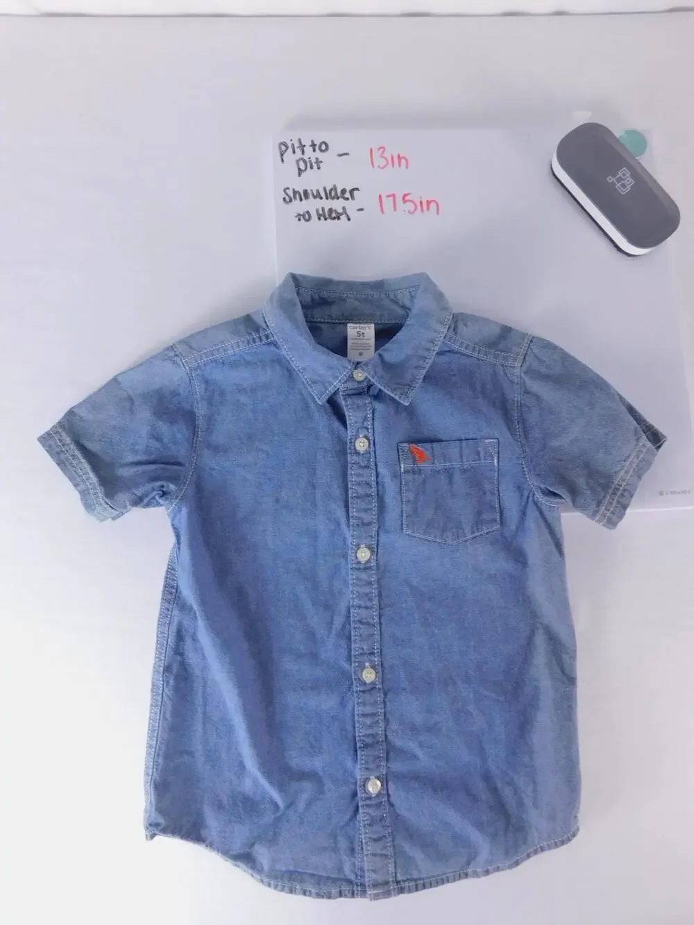 Carter's Shirt Boys 5T Blue Denim Short Sleeve Button-Up Embroidered Dino Pocket
